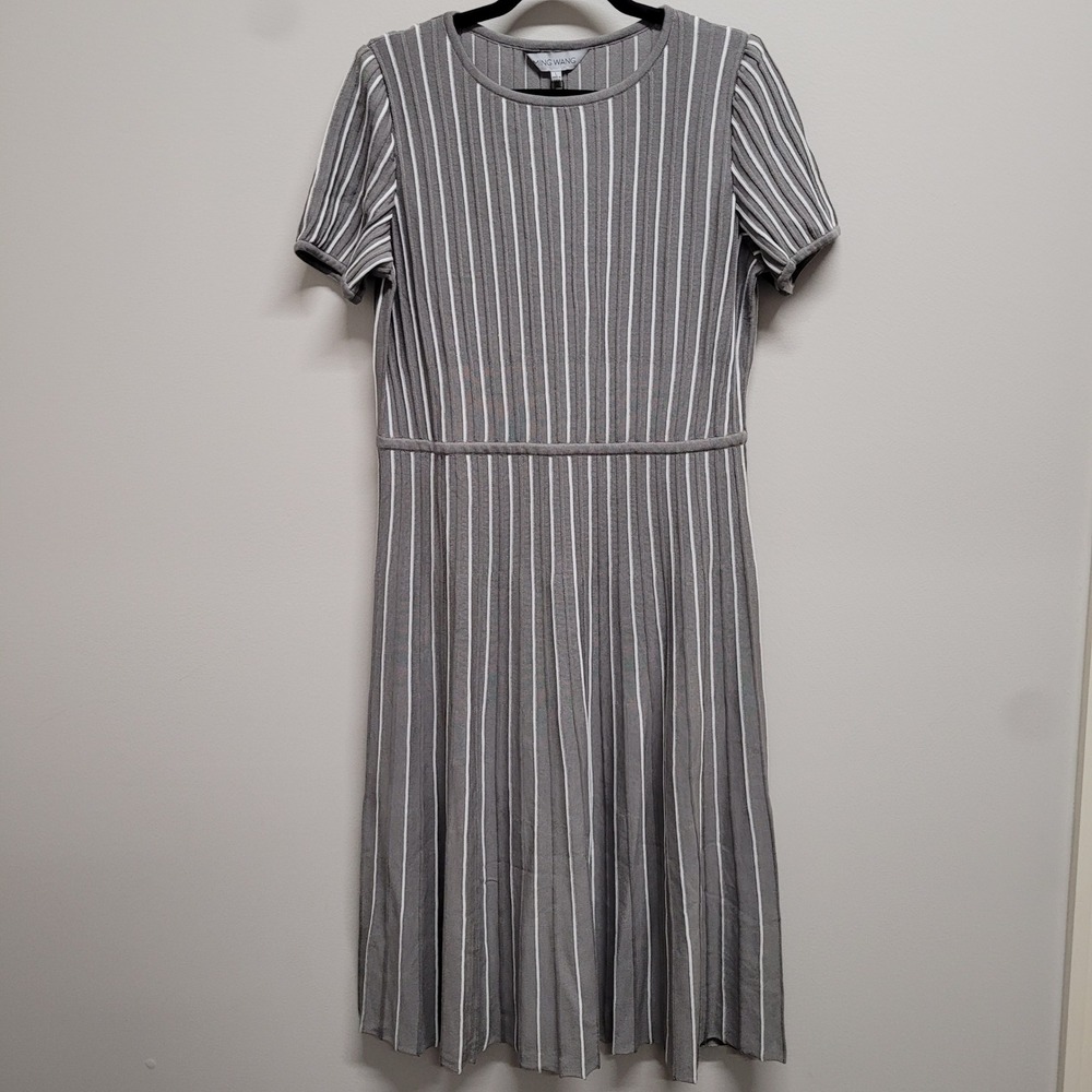 Ming Wang Gray White Striped Knit Fit & Flare Dress Modern Fit M11217E L NEW